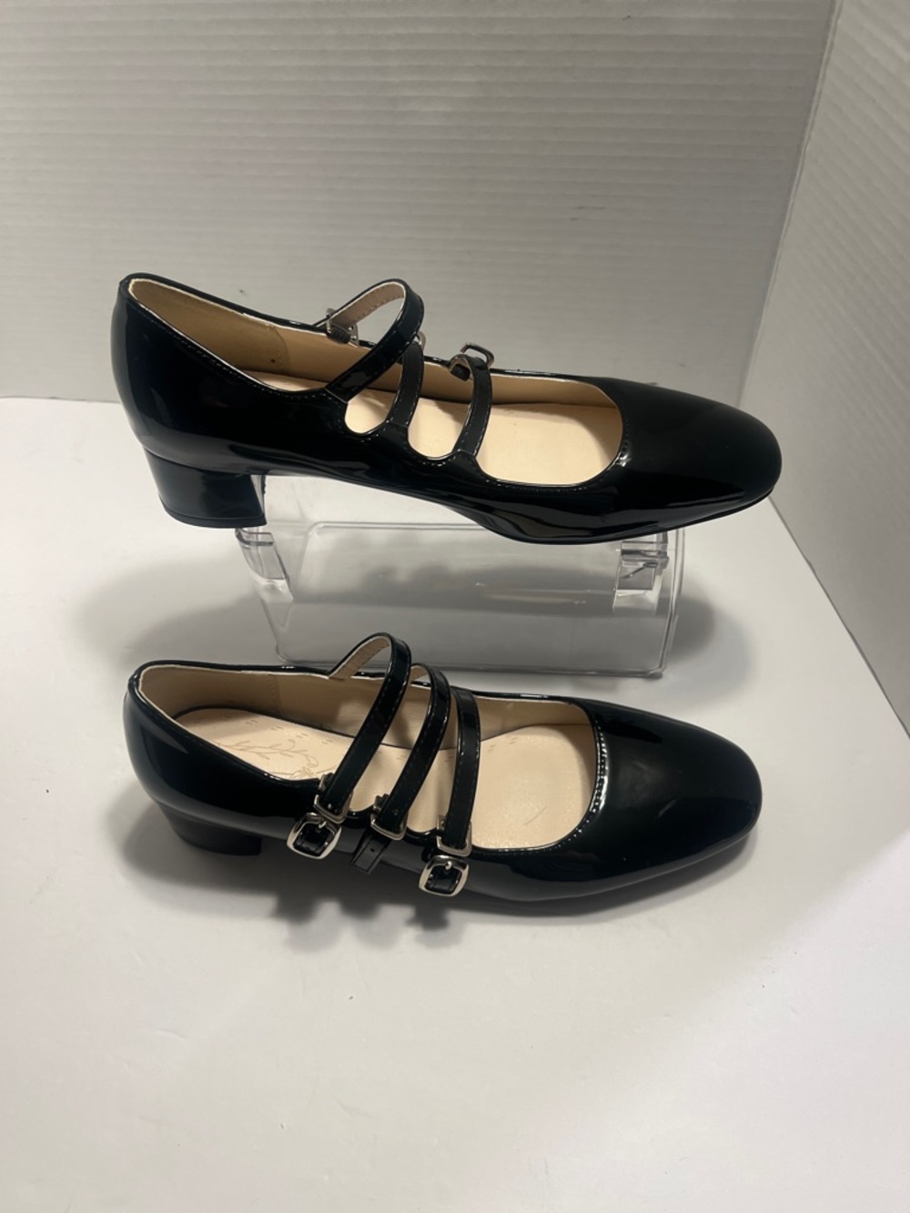 Black Triple-Strap Mary Jane Low Heel Shoes
